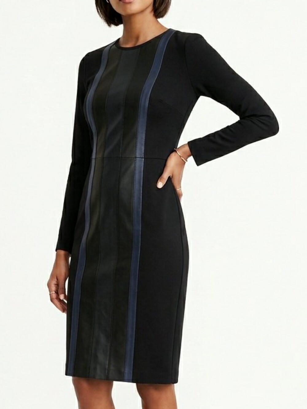 J. Crew Leather Ponte Colorblock Sheath Dress Navy Black 4P Long Sleeve Midi
